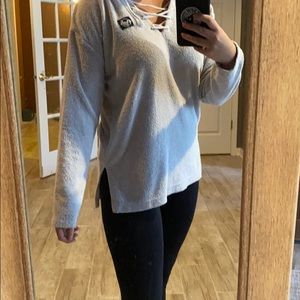 PINK Terry-Cloth Lace Up Sweater